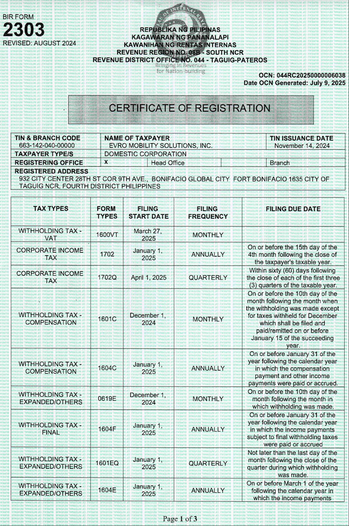 BIR Form 2303 - Page 1