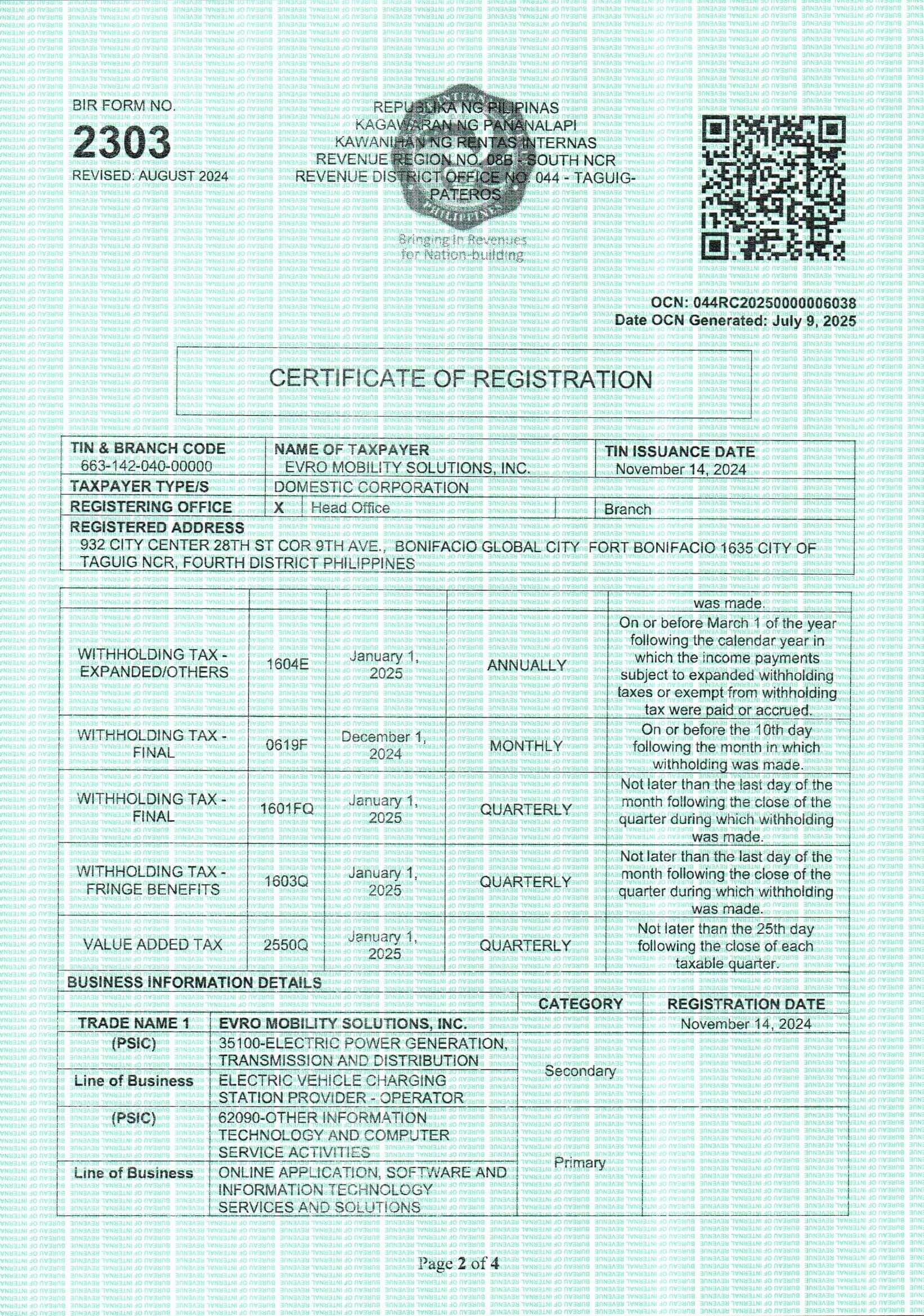 BIR Form 2303 - Page 2