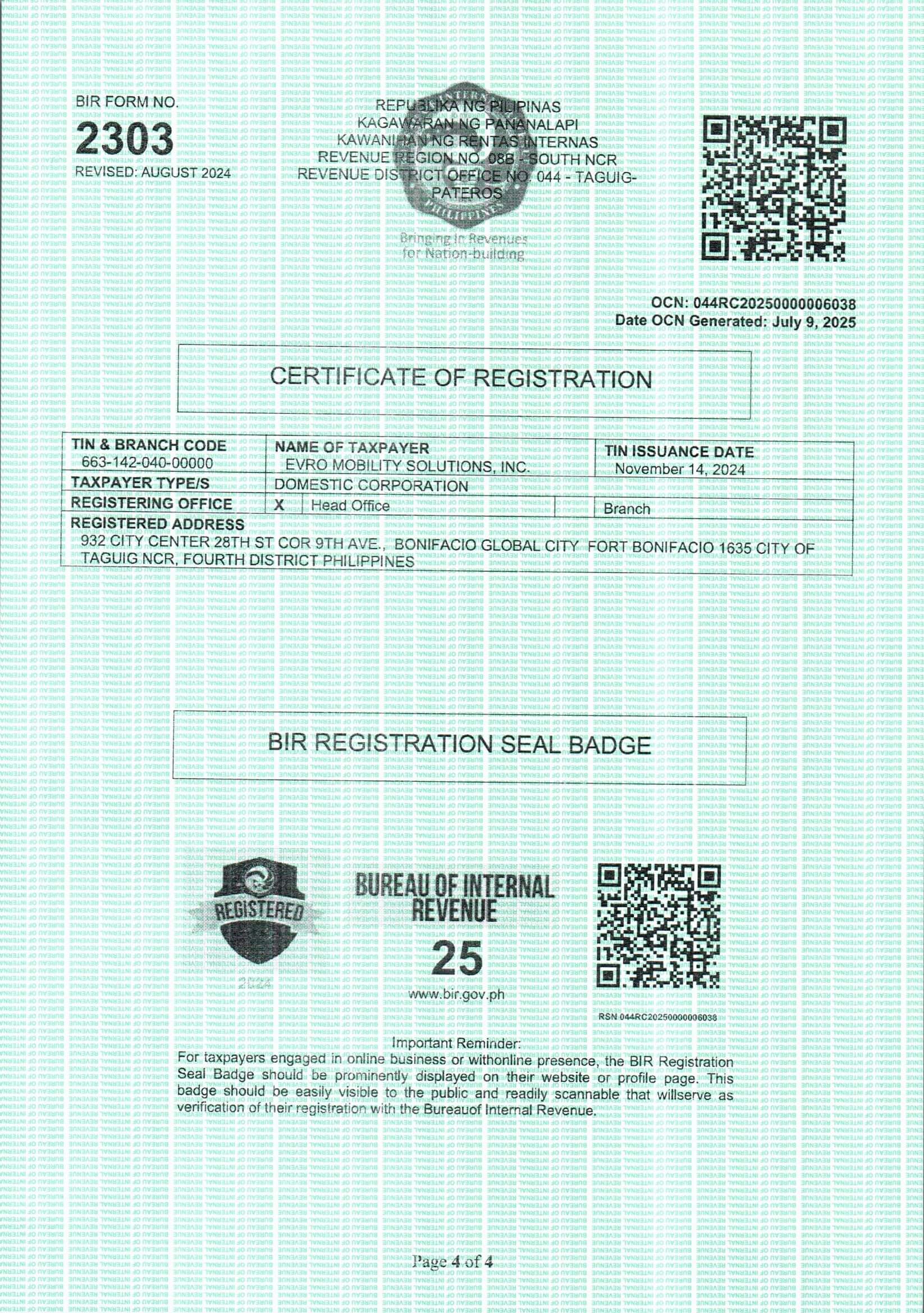 BIR Form 2303 - Page 4